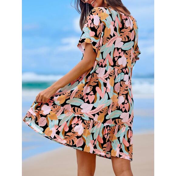 NEW Womens Cupshe Soft Tropics Short Sleeve Mini Dress Beach Vacation Floral M - Picture 3 of 6